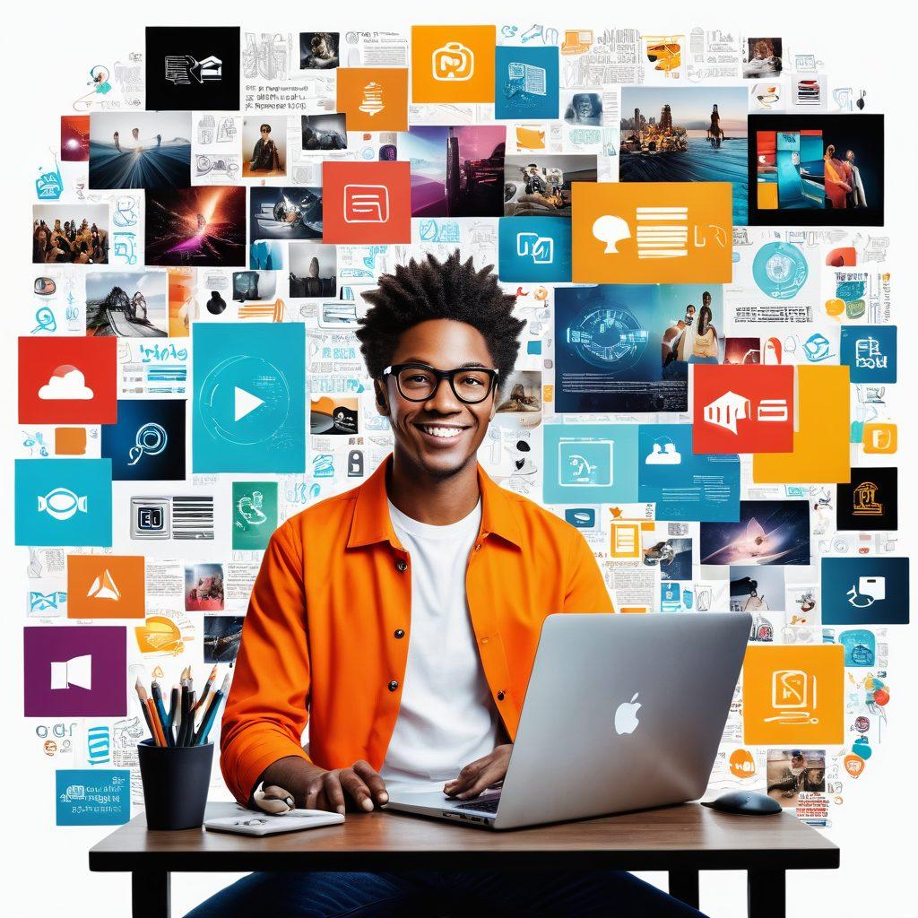 A dynamic collage featuring a storyteller at a digital workstation, surrounded by vibrant screens displaying multimedia elements like videos, animations, and infographics. Incorporate a diverse group of people engaging with the digital content, with playful icons and graphics representing creativity and innovation. Use bright colors and a modern design to evoke a sense of excitement and inspiration. super-realistic. vibrant colors. white background.