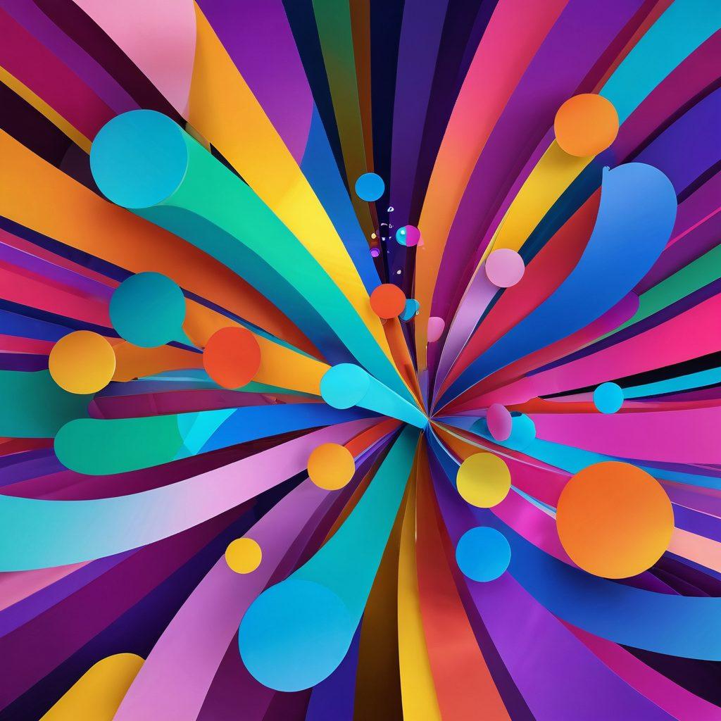 A dynamic, swirling vortex of colorful streaming video elements, featuring abstract shapes of play buttons, film reels, and viewer engagement symbols like thumbs-up and chat bubbles. The background is a captivating blend of bright colors representing excitement and creativity. Integrate a hint of ethereal light to suggest magic, inviting viewers into an immersive digital experience. 3D. vibrant colors. abstract.