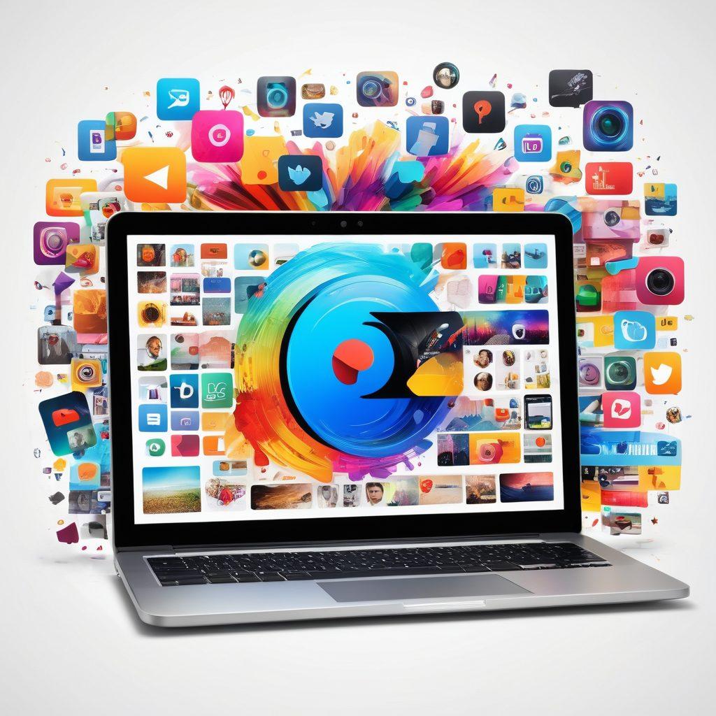A dynamic collage showcasing a laptop displaying video editing software, surrounded by colorful video thumbnails, vibrant social media icons, and engaging multimedia elements like play buttons and soundwaves. The background features a bustling digital workspace theme with bright colors representing creativity and innovation. super-realistic. vibrant colors. white background.